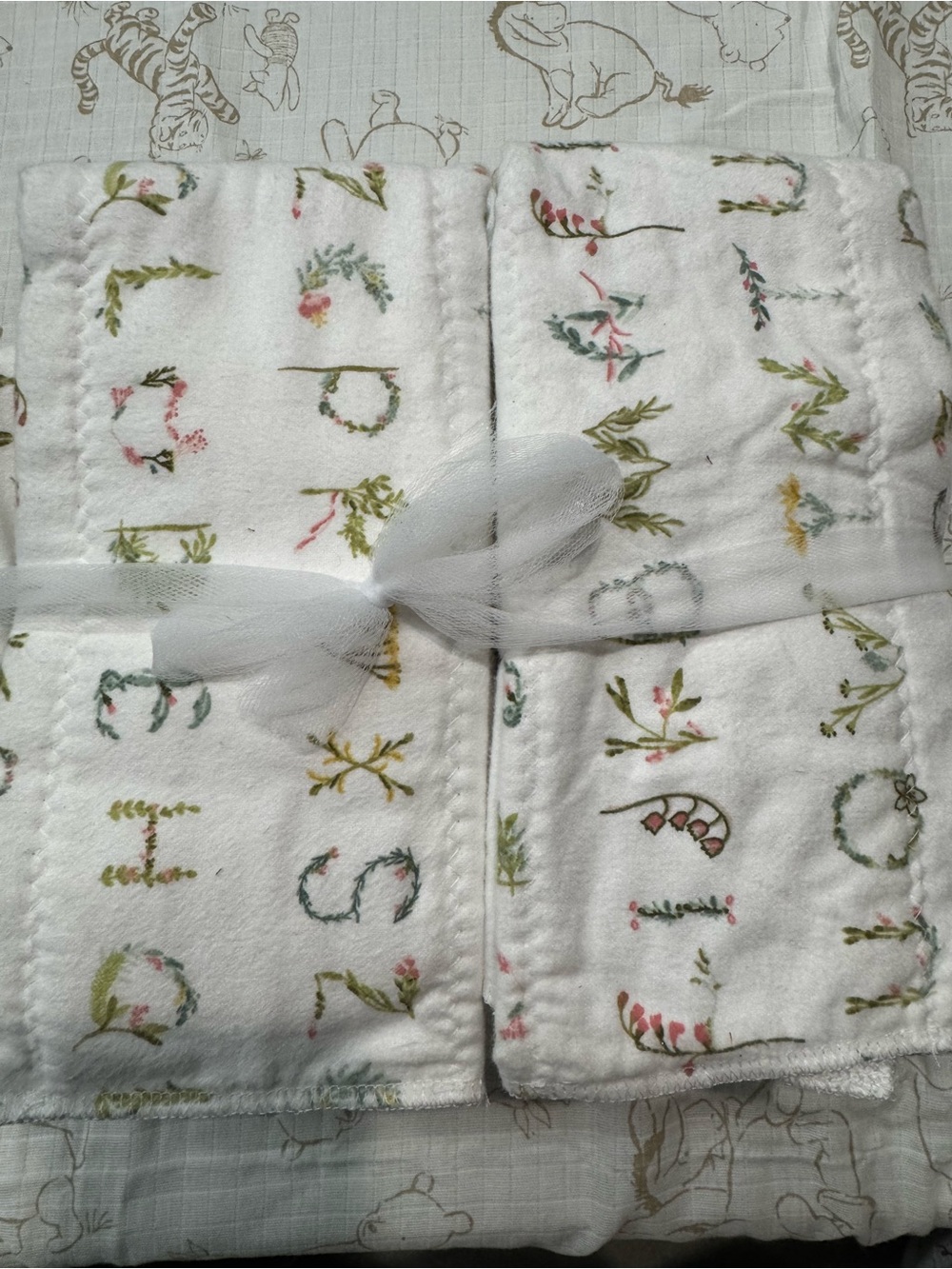 Floral Alphabet Baby blanket Set - White with Green & Pink Accents